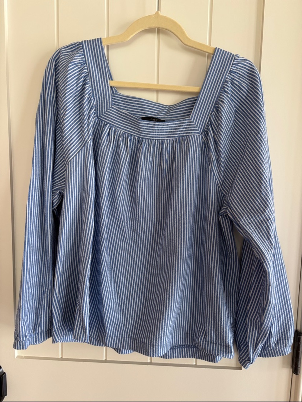 J. Crew Blue and White Striped Square-Neck Blouse